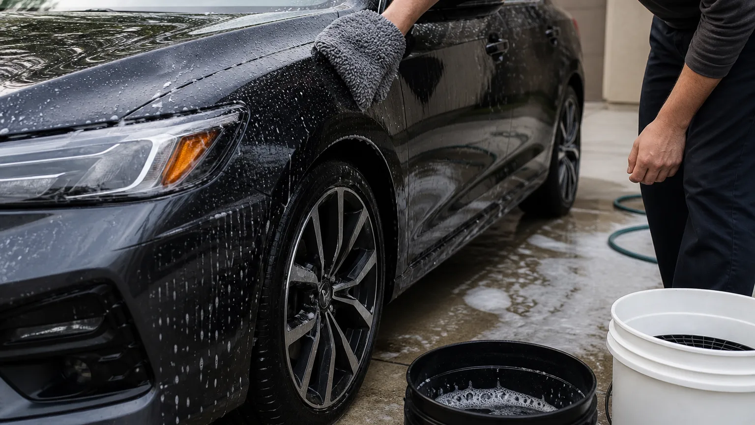 Dark sedan being carefully hand-washed on a clean driveway with a wash mitt and two buckets, no logos or on-image text.