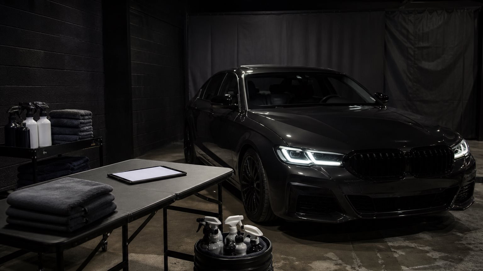 Unbranded mobile car detailing setup with organized towels, buckets, and generic bottles beside a dark sedan on a clean driveway; editorial illustration, not a process photograph.
