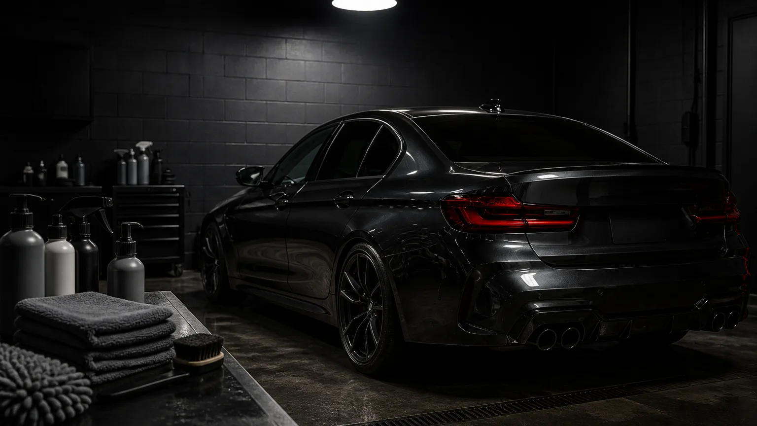 Dark sedan in a detailing bay with towels and unbranded bottles.