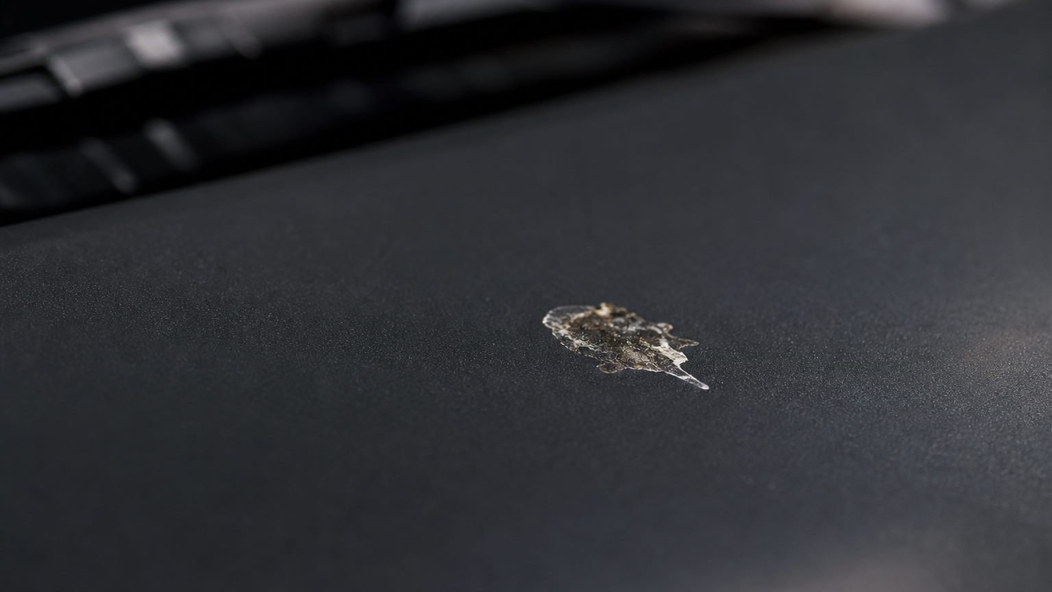 A small dried bird dropping on a dark car hood in shade. Editorial illustration, not a process photo.