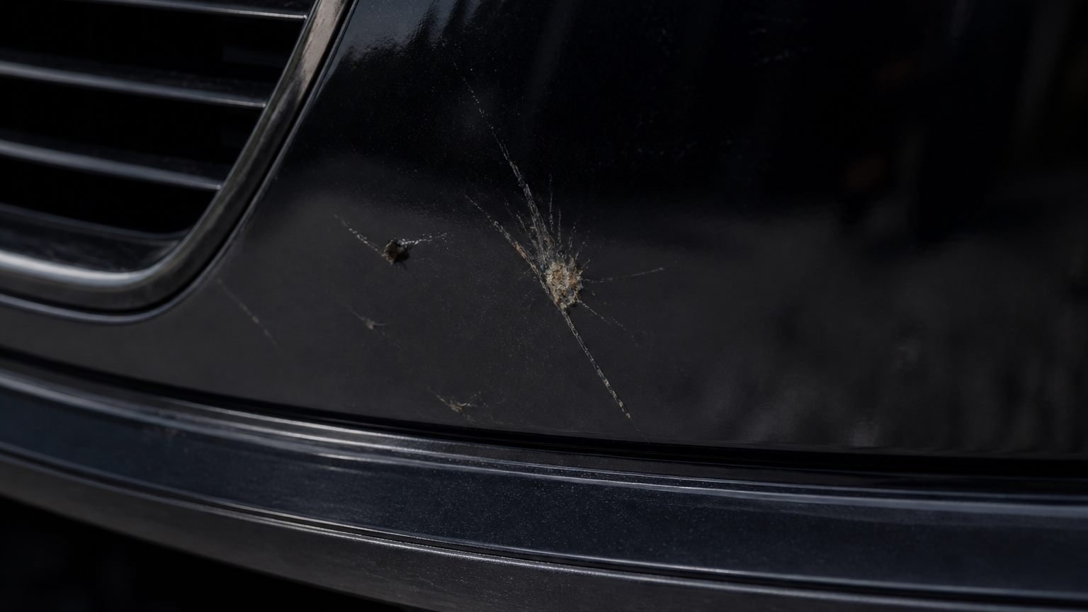 Dried insect residue and a tar speck on a dark car bumper in shade. Editorial illustration, not a process photo.
