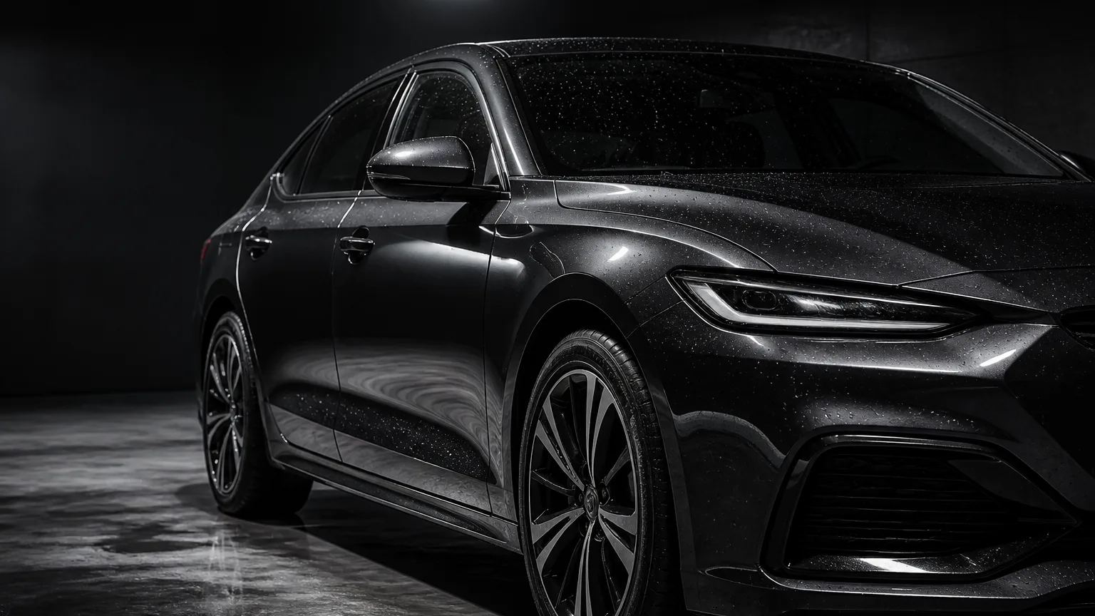 Dark sedan exterior with water beads on reflective paint.