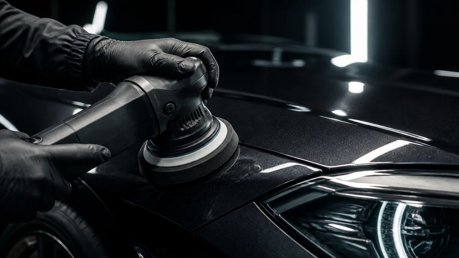Dual-action polisher on a dark automotive paint panel.