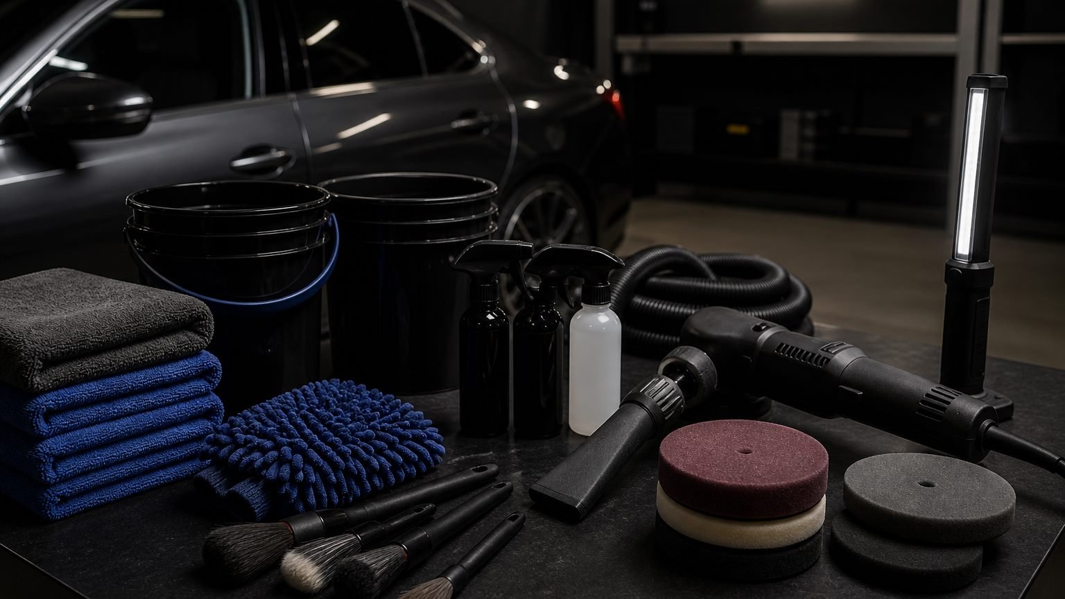 Organized unbranded car detailing tools on a dark workbench with a dark sedan out of focus in the background; editorial illustration, not a process photograph.